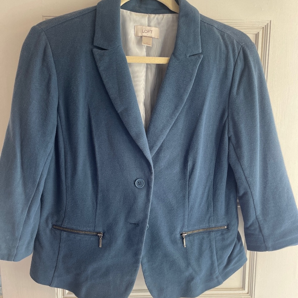 LOFT Blue Single-Button Blazer with Zipper Pockets